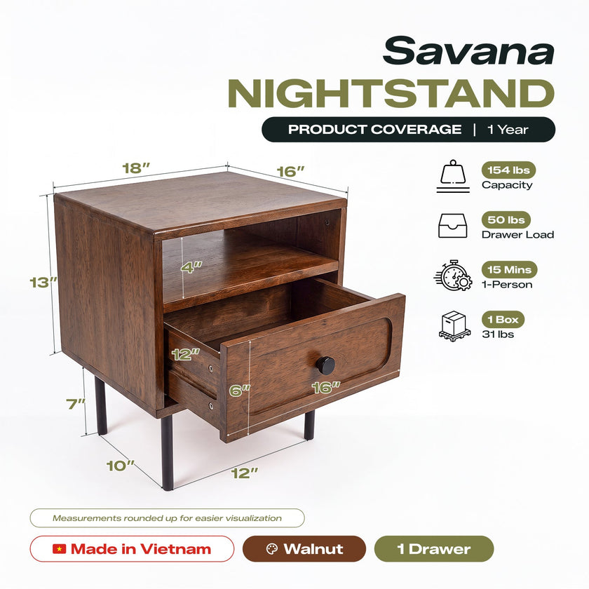 Savana Single Drawer Solid Wood Nightstand