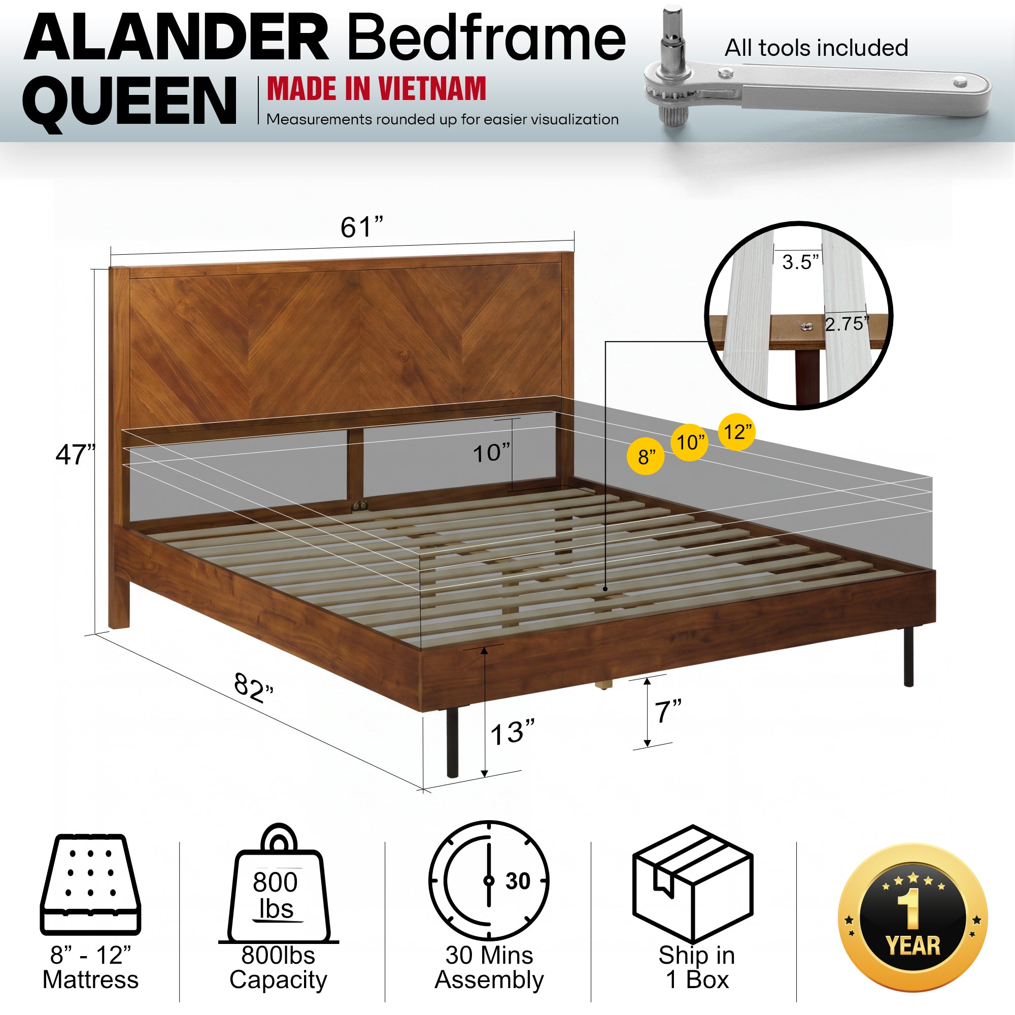 Alander Solid Wood Bed Frame