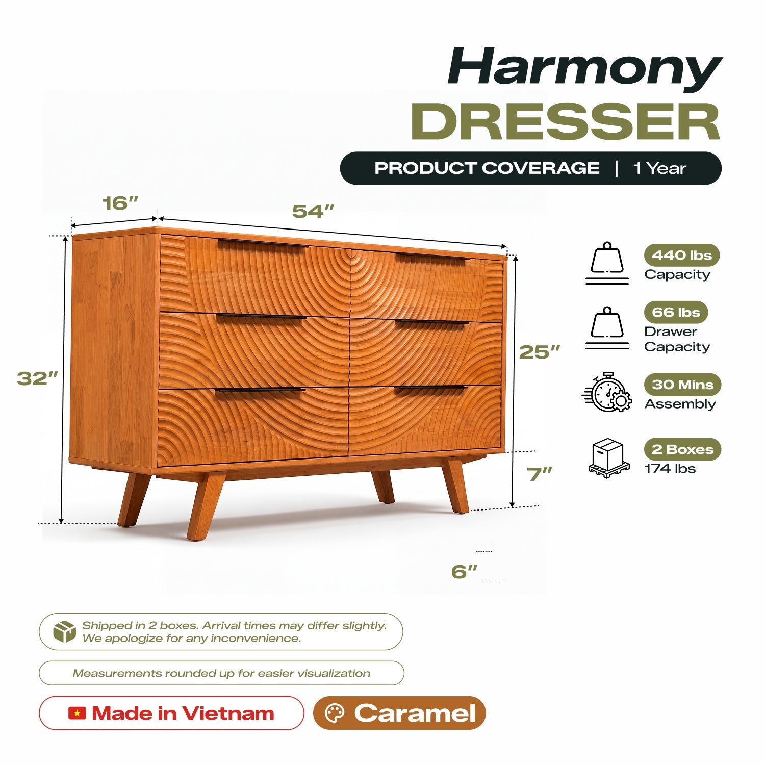 Harmony Solid Wood Dresser with 6 Drawers