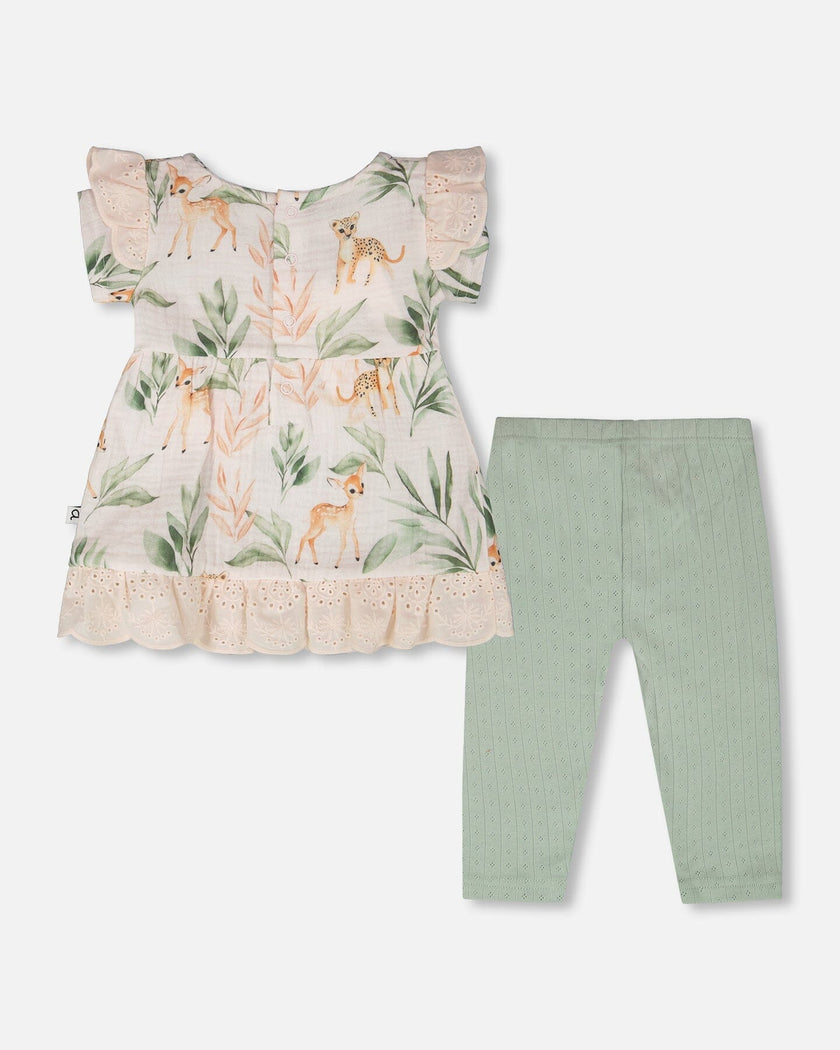 Muslin Tunic And Pointelle Leggings Set Peach Deer Print & Green