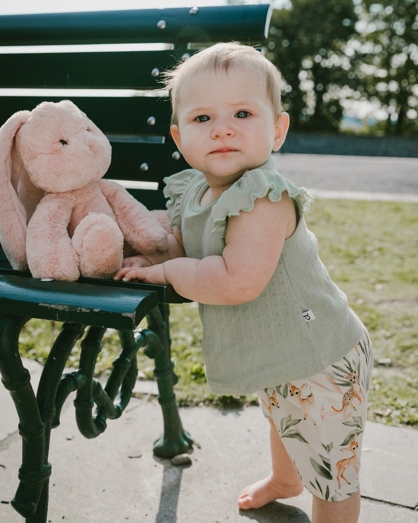 Pointelle Top And Organic Cotton Jersey Short Set Green And Peach Deer Print