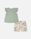 Pointelle Top And Organic Cotton Jersey Short Set Green And Peach Deer Print