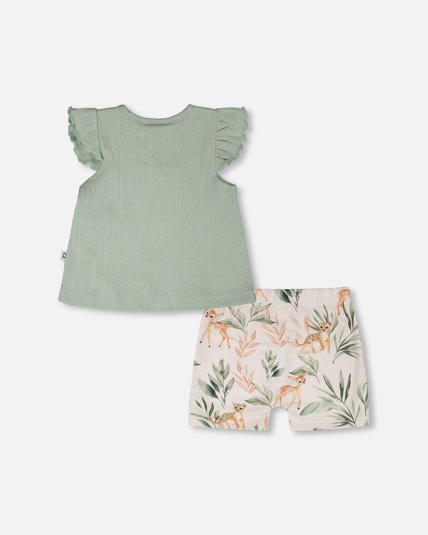 Pointelle Top And Organic Cotton Jersey Short Set Green And Peach Deer Print