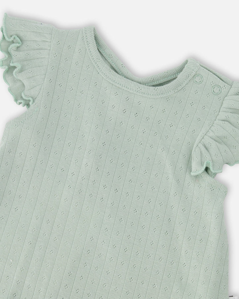 Pointelle Top And Organic Cotton Jersey Short Set Green And Peach Deer Print