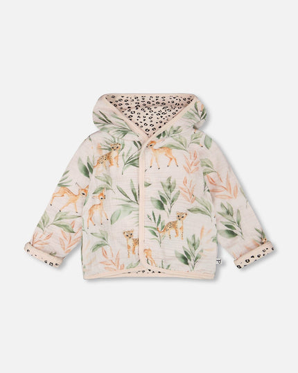 Muslin And Organic Cotton Jersey Reversible Hooded Jacket Peach Deer/Leopard Print