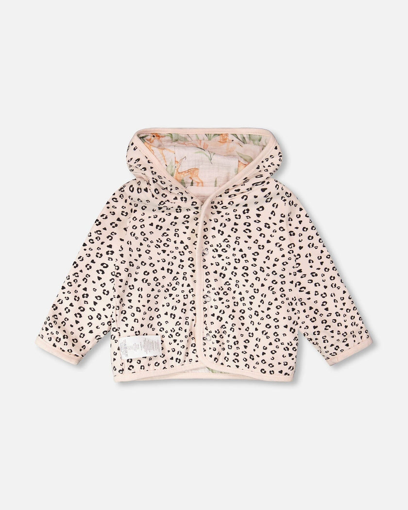Muslin And Organic Cotton Jersey Reversible Hooded Jacket Peach Deer/Leopard Print