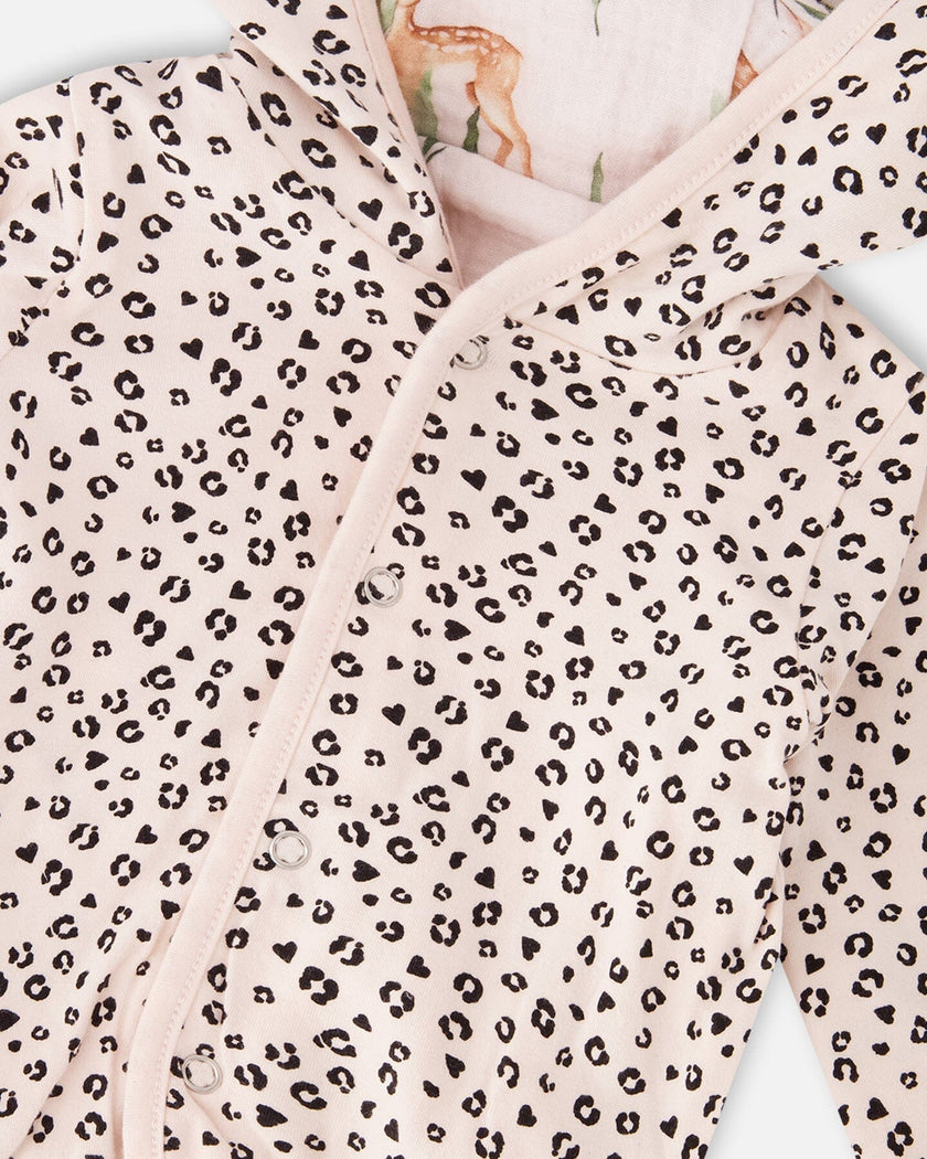 Muslin And Organic Cotton Jersey Reversible Hooded Jacket Peach Deer/Leopard Print
