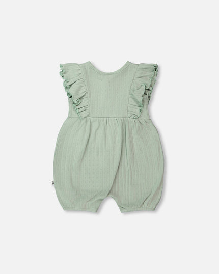 Cotton Pointelle Jersey Romper With Frills Green
