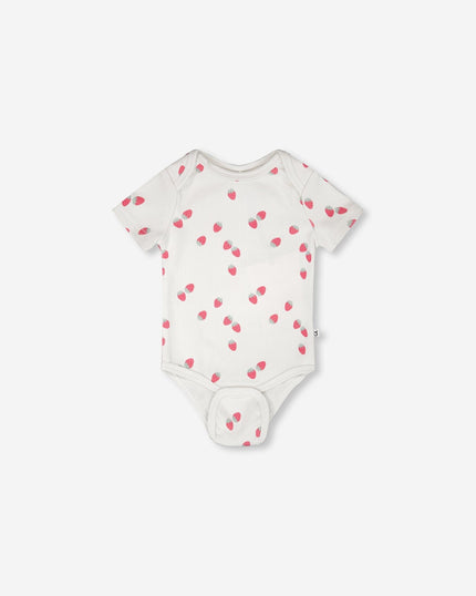 Evolutive Cotton Rib Jersey Onesie White Printed Strawberries