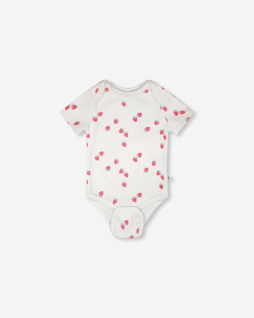 Evolutive Cotton Rib Jersey Onesie White Printed Strawberries