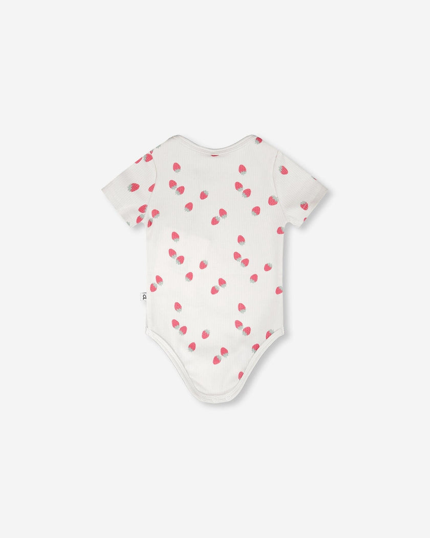 Evolutive Cotton Rib Jersey Onesie White Printed Strawberries