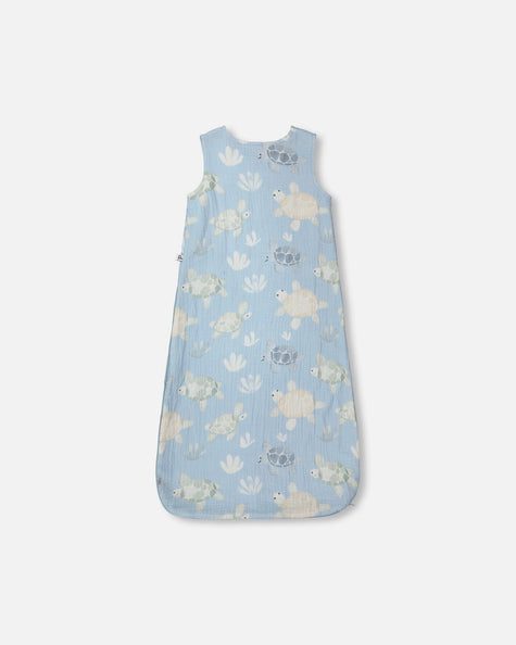 Cotton Jersey Muslin Sleep Sack Blue Turtle Print