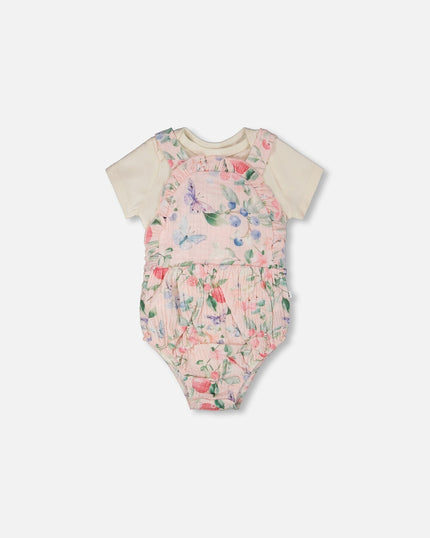Organic Cotton Jersey Onesie And Muslin Overall Set White And Pink Printed Berries