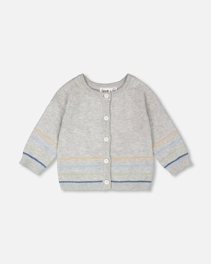 Cotton Knit Striped Button Front Cardigan Light Heather Grey