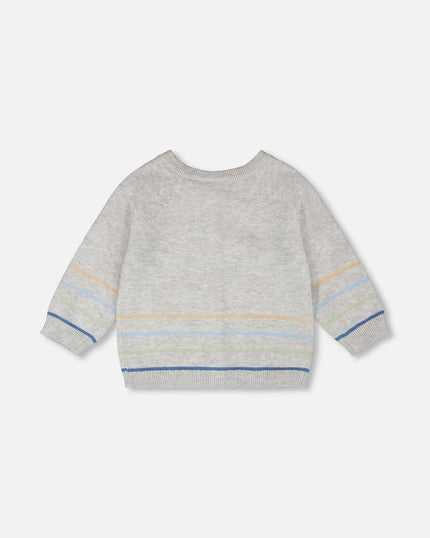 Cotton Knit Striped Button Front Cardigan Light Heather Grey