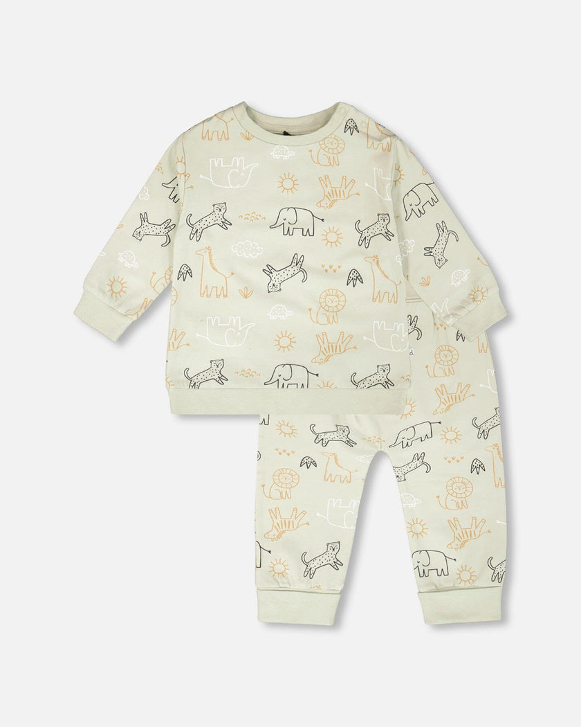 Organic Cotton Jersey Sweater And Pants Set Sage Green Animal Print