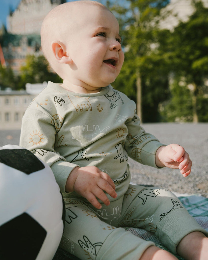 Organic Cotton Jersey Sweater And Pants Set Sage Green Animal Print