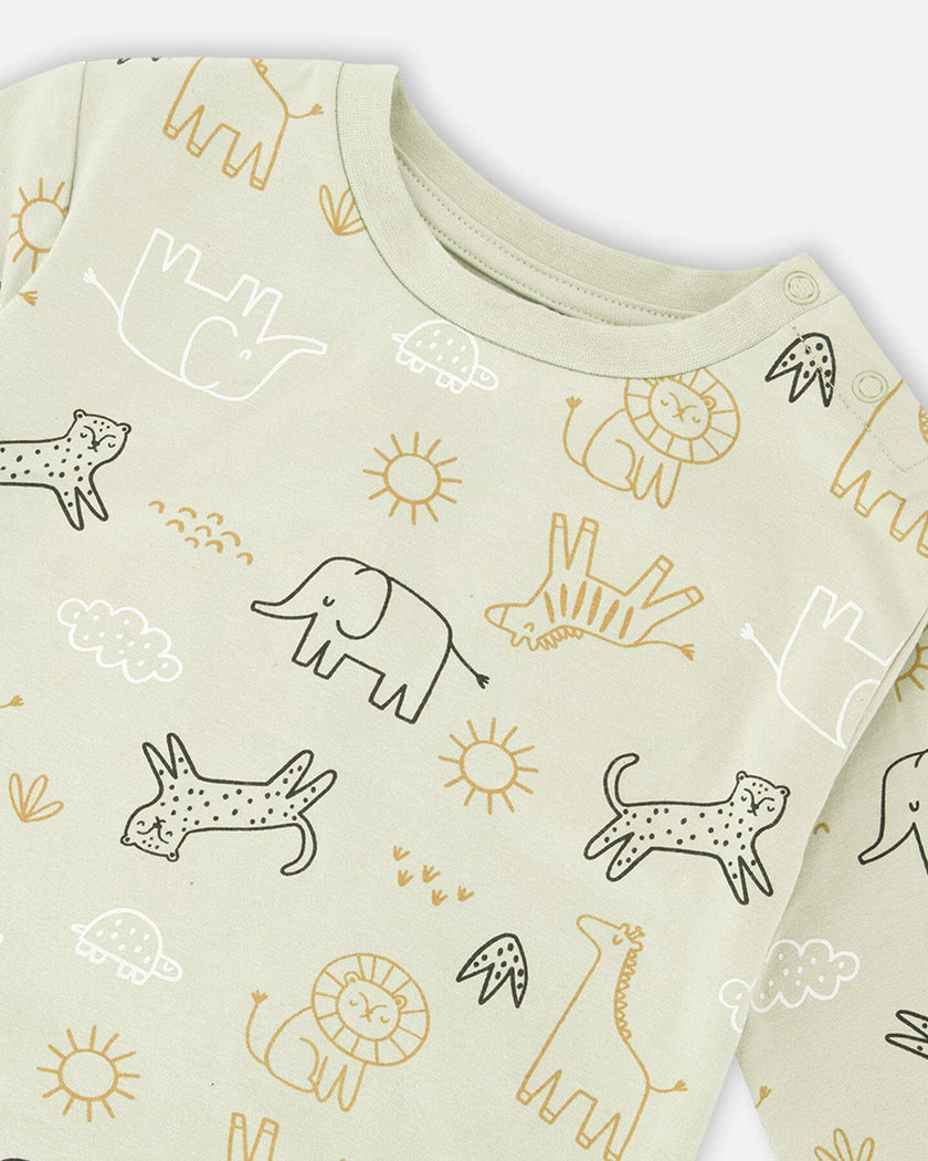 Organic Cotton Jersey Sweater And Pants Set Sage Green Animal Print