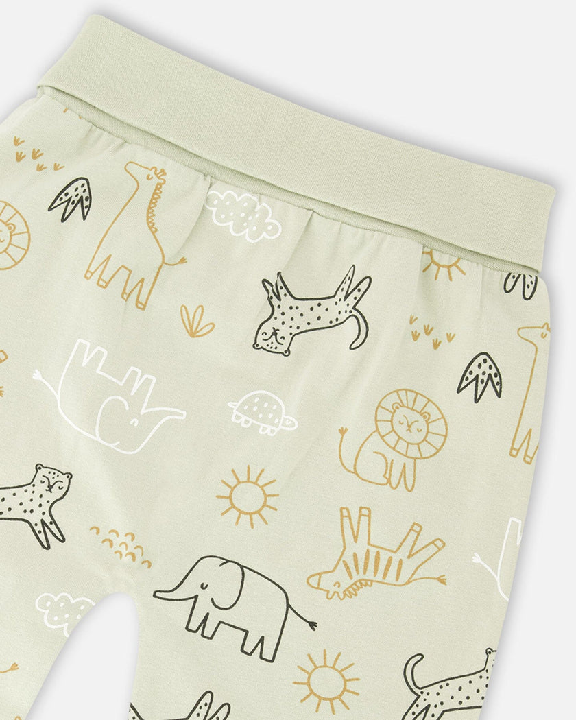 Organic Cotton Jersey Sweater And Pants Set Sage Green Animal Print