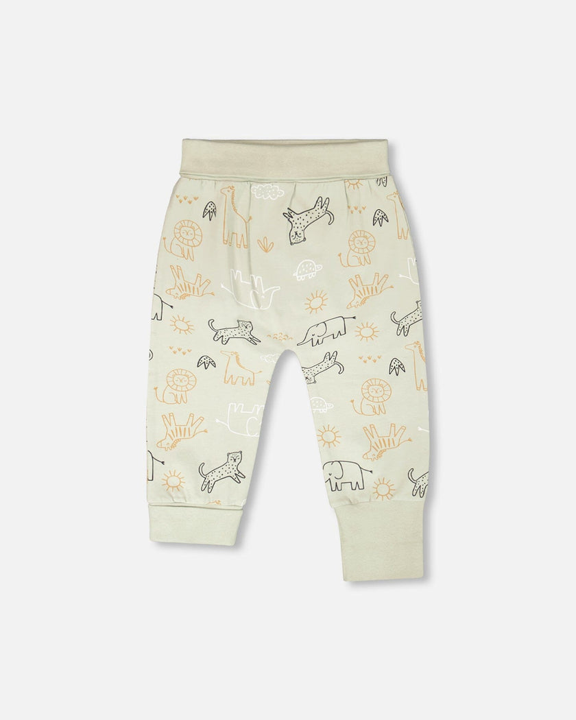 Organic Cotton Jersey Sweater And Pants Set Sage Green Animal Print