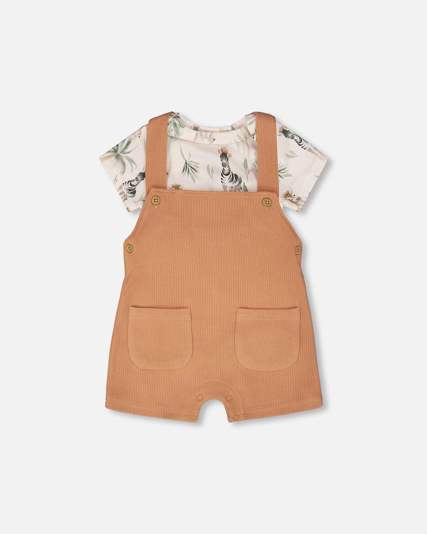 Organic Cotton Jersey Onesie And Cotton Rib Shortall Set Beige Zebra Print And Caramel