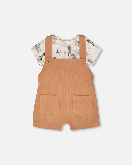 Organic Cotton Jersey Onesie And Cotton Rib Shortall Set Beige Zebra Print And Caramel