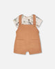 Organic Cotton Jersey Onesie And Cotton Rib Shortall Set Beige Zebra Print And Caramel
