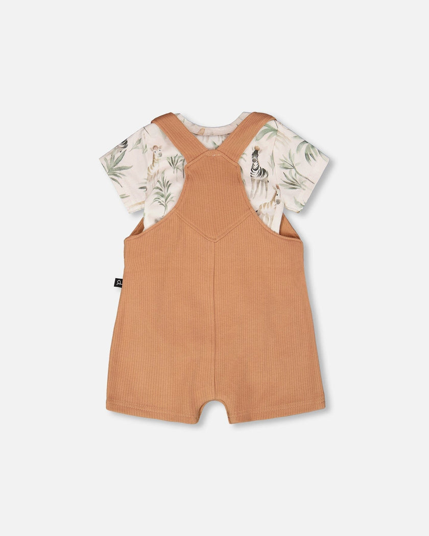 Organic Cotton Jersey Onesie And Cotton Rib Shortall Set Beige Zebra Print And Caramel