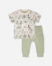Organic Cotton Jersey T-Shirt And Cotton Rib Pants Set Beige Zebra Print And Sage Green