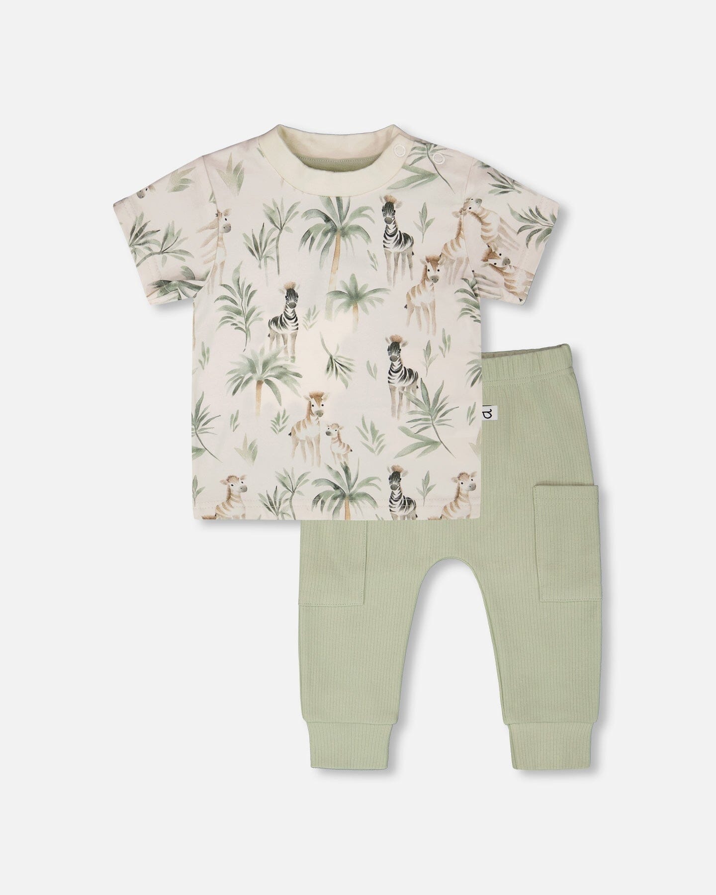 Organic Cotton Jersey T-Shirt And Cotton Rib Pants Set Beige Zebra Print And Sage Green