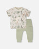 Organic Cotton Jersey T-Shirt And Cotton Rib Pants Set Beige Zebra Print And Sage Green