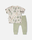 Organic Cotton Jersey T-Shirt And Cotton Rib Pants Set Beige Zebra Print And Sage Green