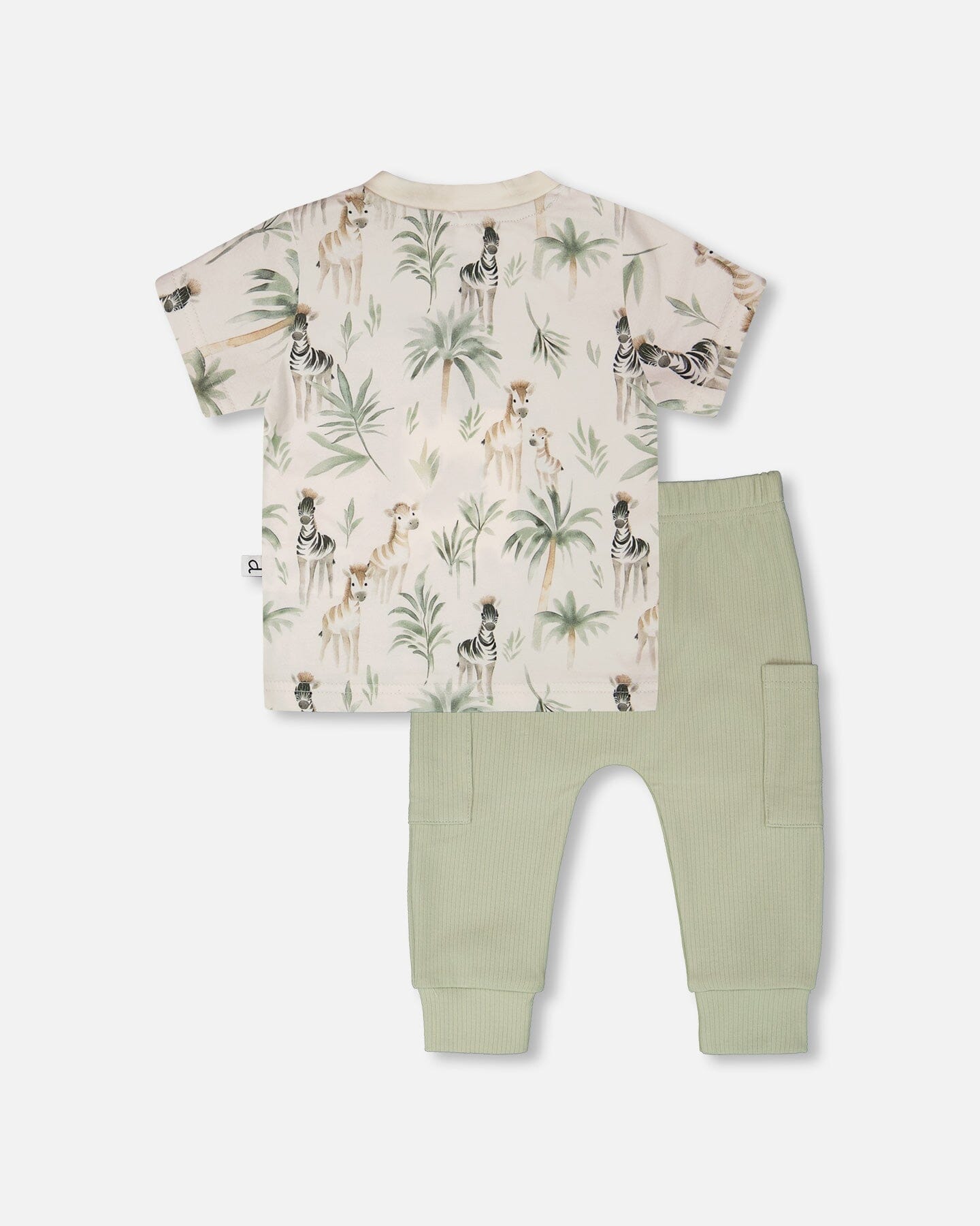 Organic Cotton Jersey T-Shirt And Cotton Rib Pants Set Beige Zebra Print And Sage Green