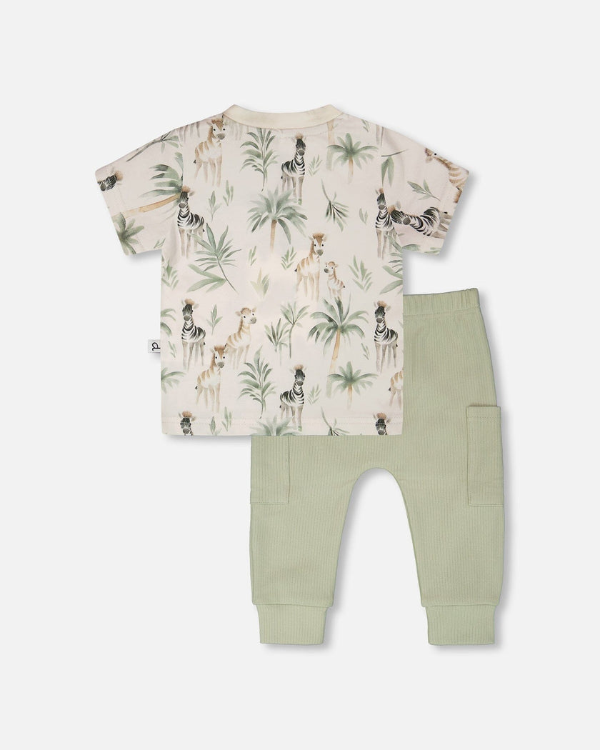 Organic Cotton Jersey T-Shirt And Cotton Rib Pants Set Beige Zebra Print And Sage Green