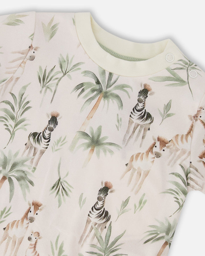 Organic Cotton Jersey T-Shirt And Cotton Rib Pants Set Beige Zebra Print And Sage Green