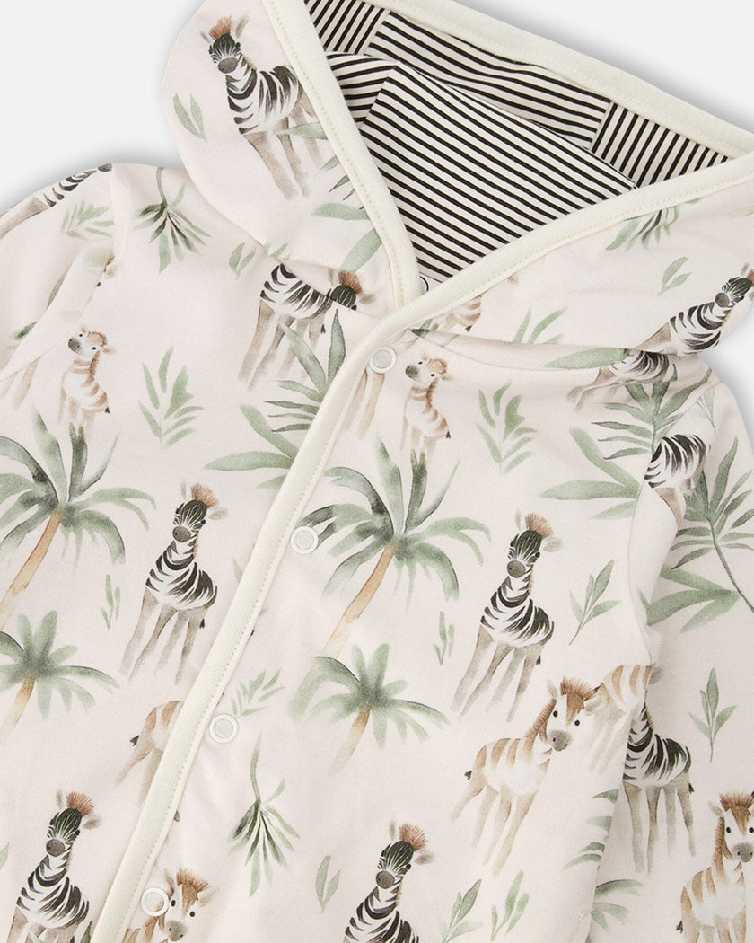 Organic Cotton Jersey Reversible Hooded Jacket Beige Zebra Print
