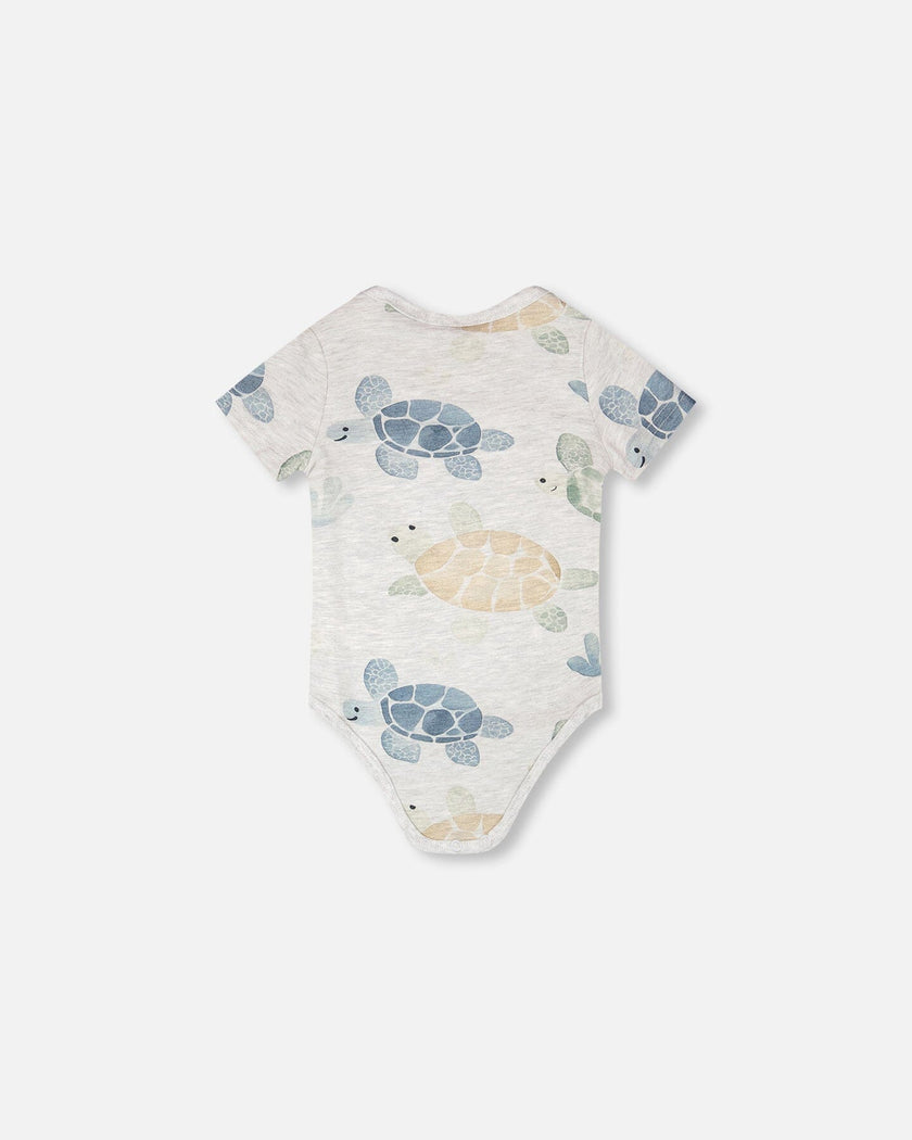 Evolutive Organic Cotton Jersey Onesie Grey Mix Turtle Print