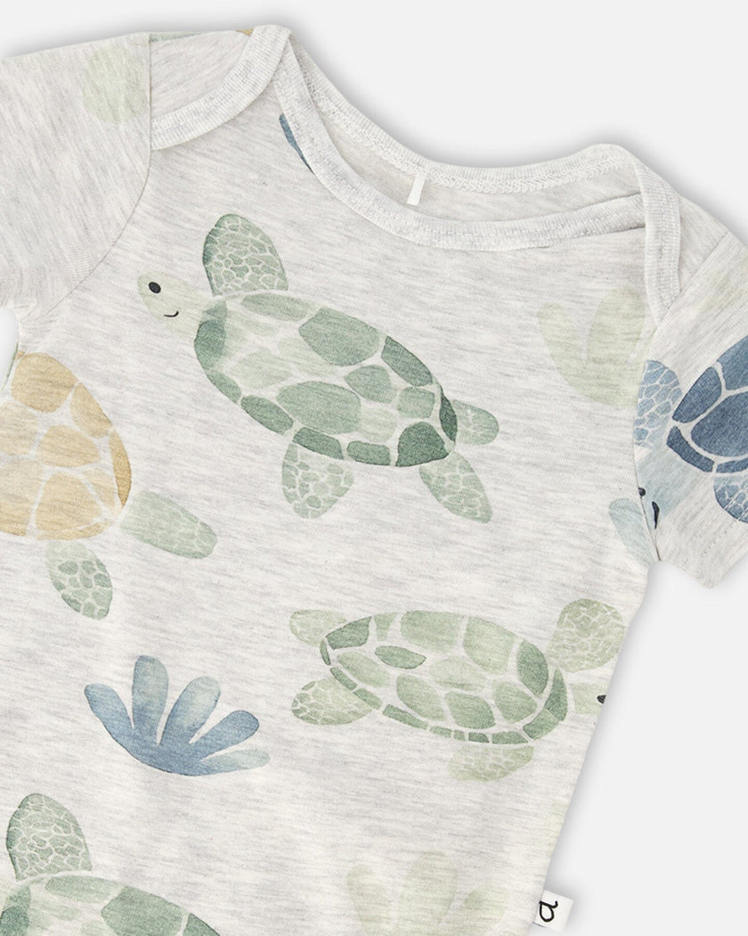Evolutive Organic Cotton Jersey Onesie Grey Mix Turtle Print
