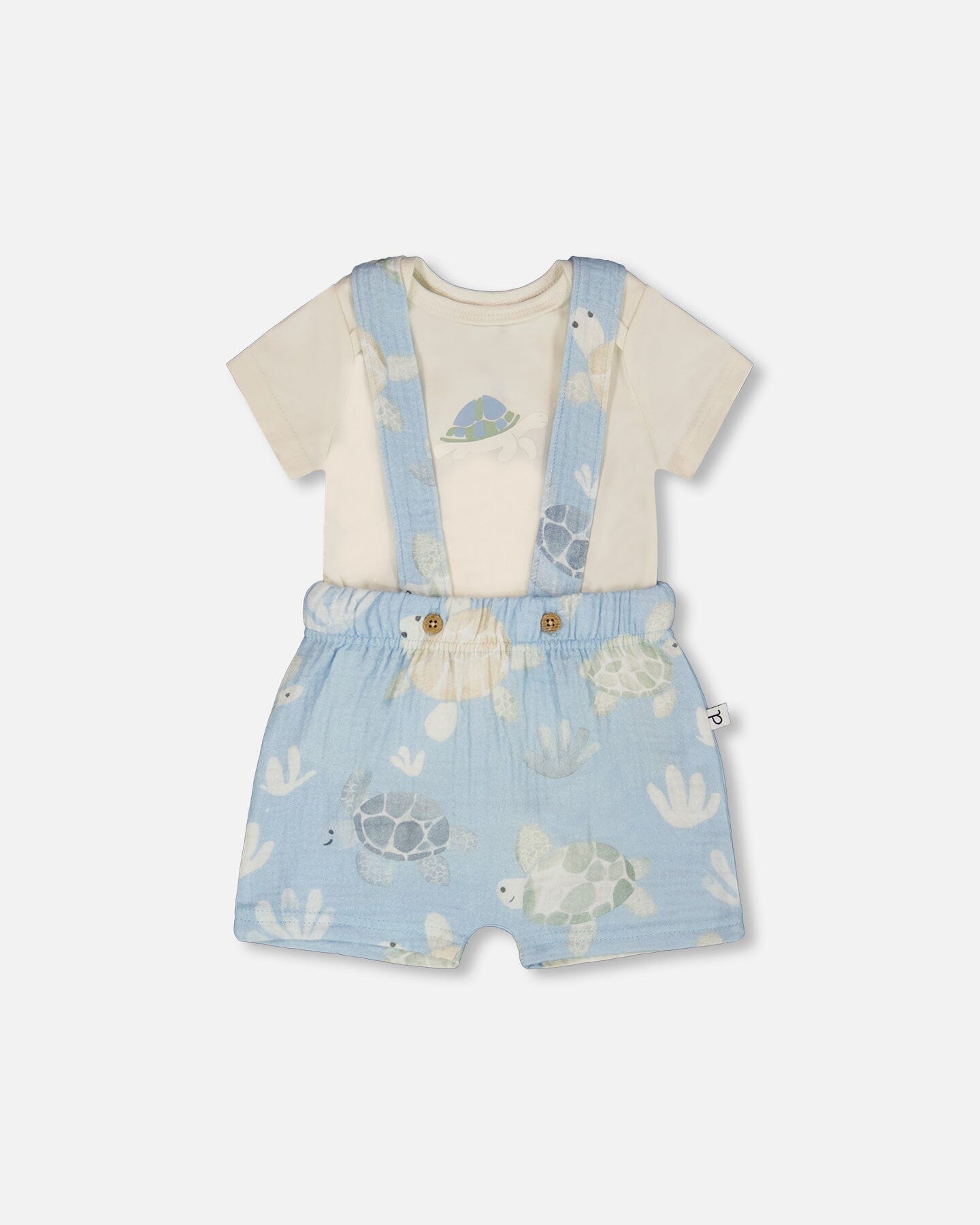 Organic Cotton Jersey Onesie And Muslin Shortall Set White And Blue Turtle Print