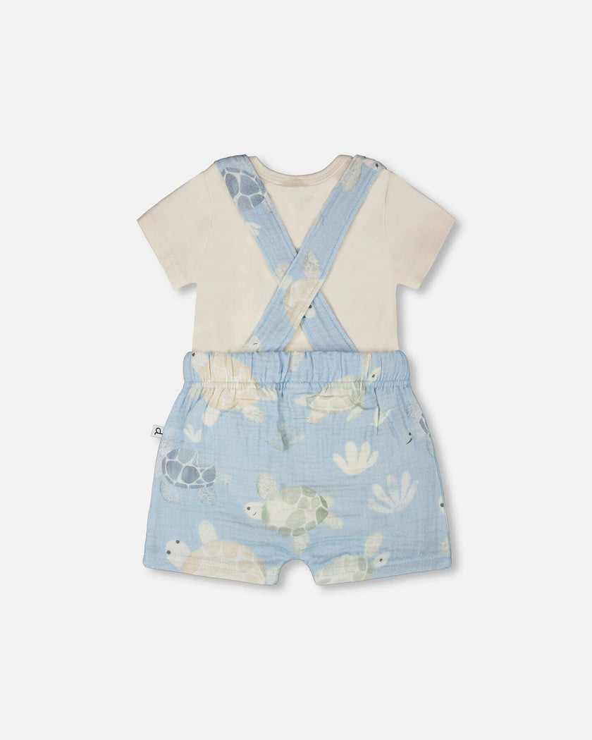 Organic Cotton Jersey Onesie And Muslin Shortall Set White And Blue Turtle Print