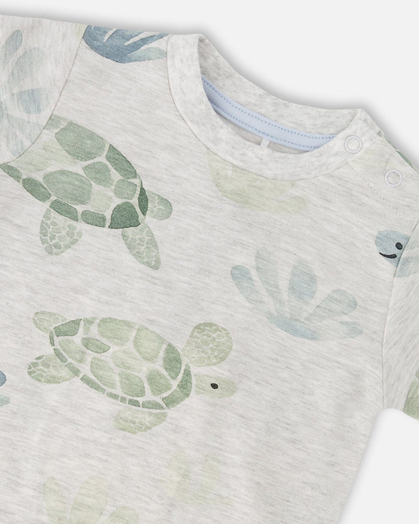 Jersey T-Shirt And Organic Cotton Jersey Shorts Set Grey Mix Turtle Print And Medium Blue