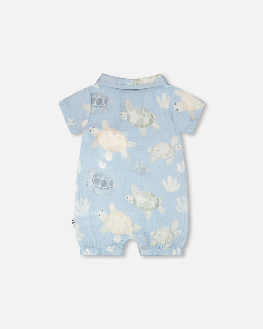 Muslin Romper Blue Turtle Print