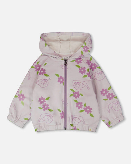 French Terry Hooded Cardigan Lilac Snails Print