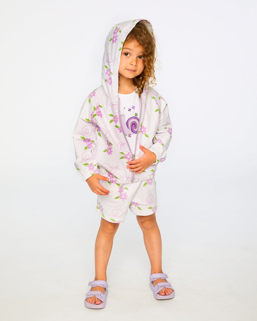 French Terry Hooded Cardigan Lilac Snails Print