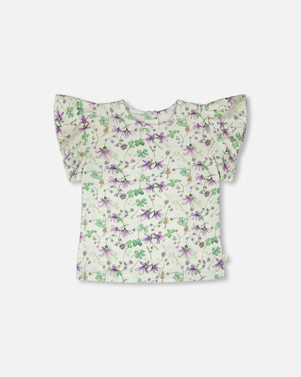 Jersey T-Shirt Green Printed Flowers