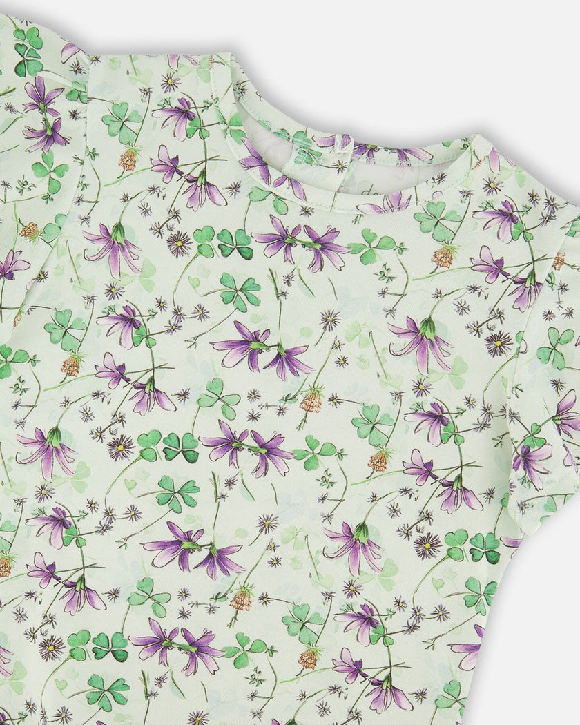 Jersey T-Shirt Green Printed Flowers
