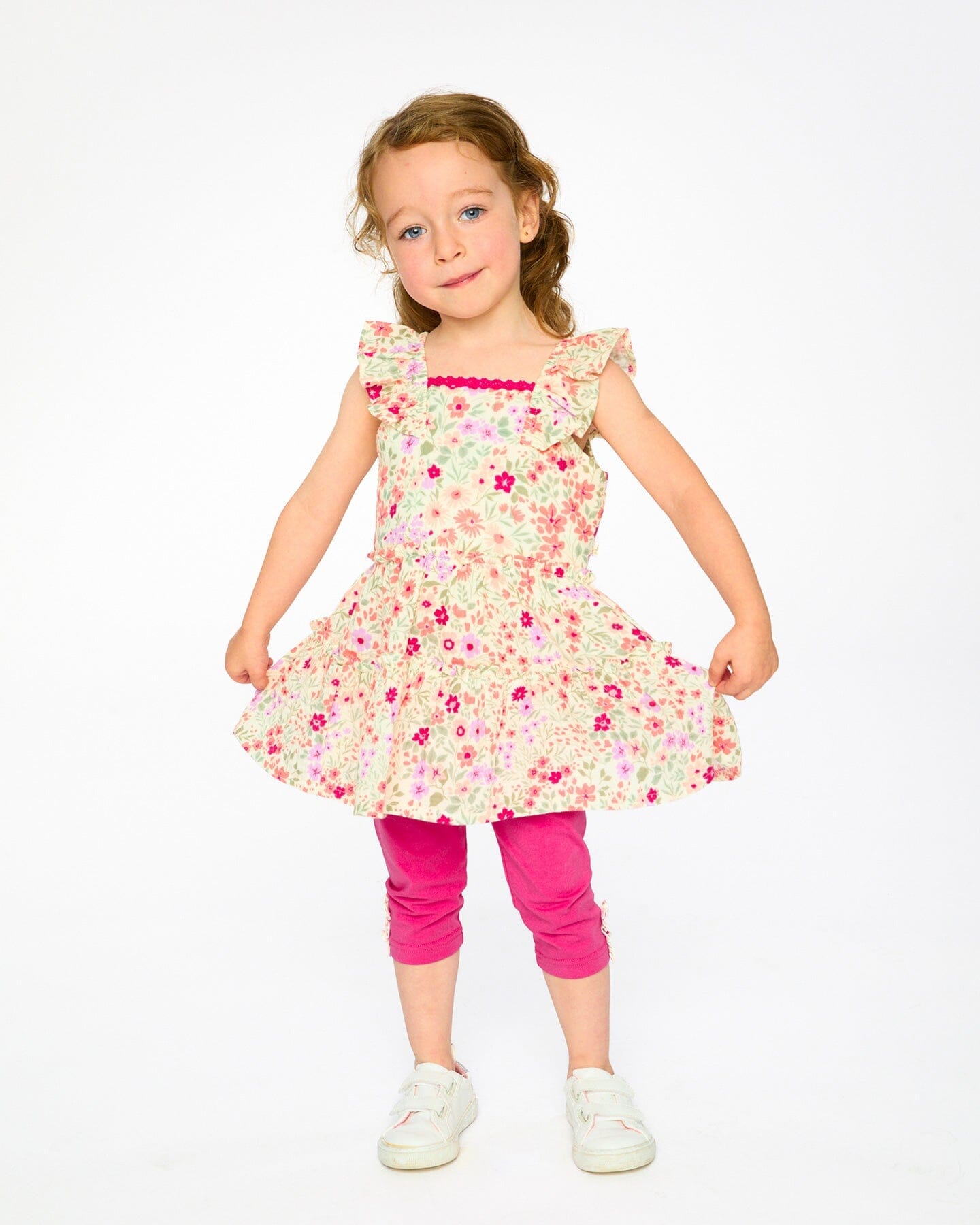 Tunic And Organic Cotton Capri Set Off White Printed Flowers And Pink