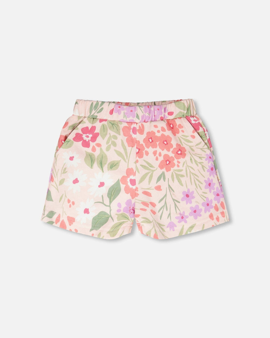French Terry Shorts Pink Printed Flowers