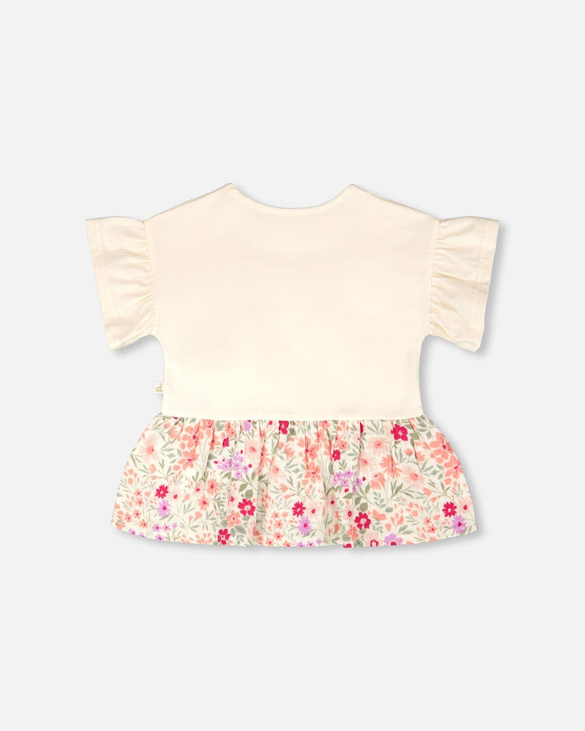 Organic Cotton Bi-Material Tunic Beige Flowers Print