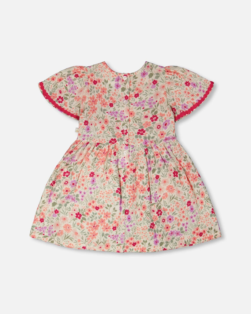 Muslin Dress Off White Printed Flowers